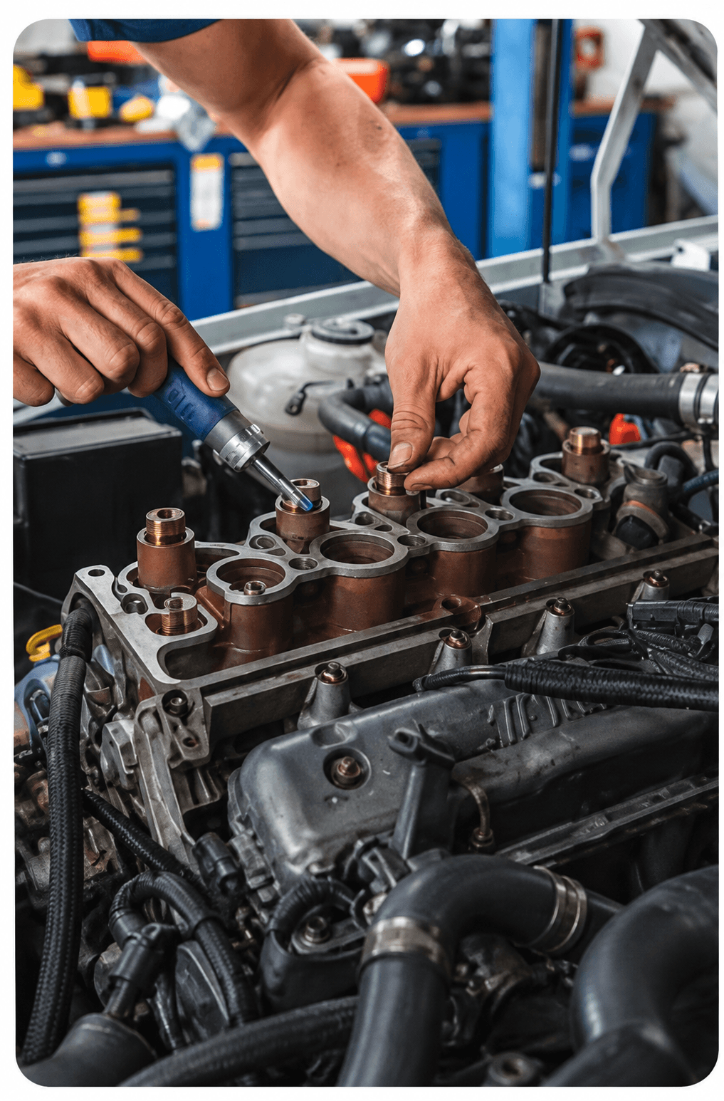 Gloved hand pouring fresh motor oil into an engine