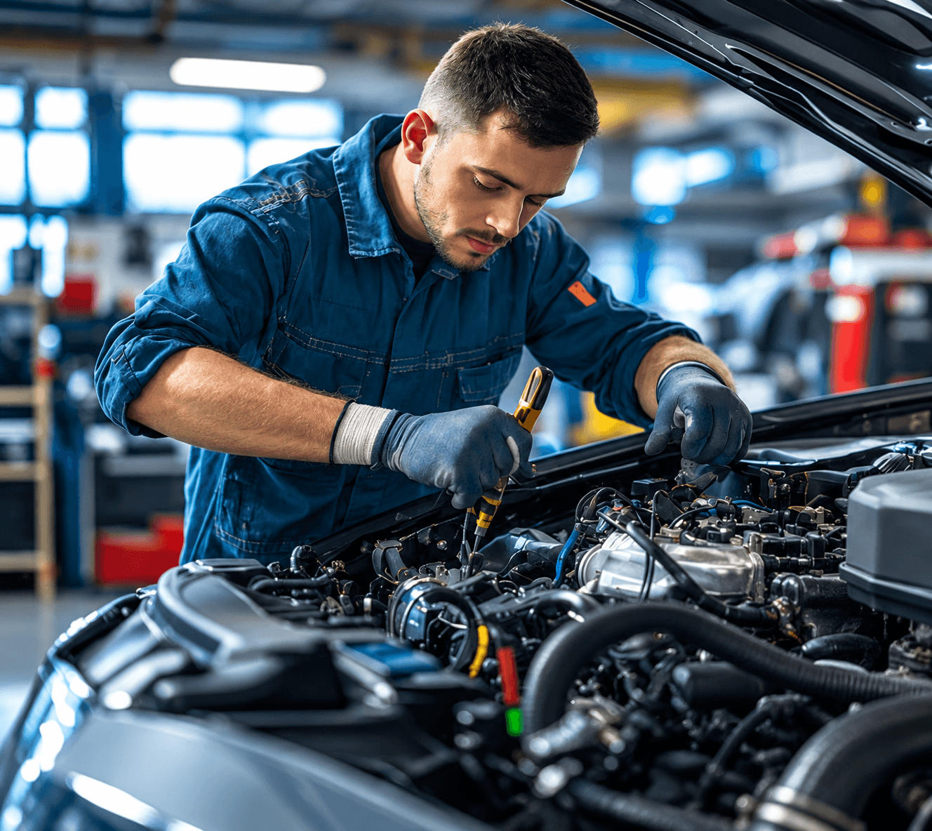 Mechanic in gloves working under the hood of a car