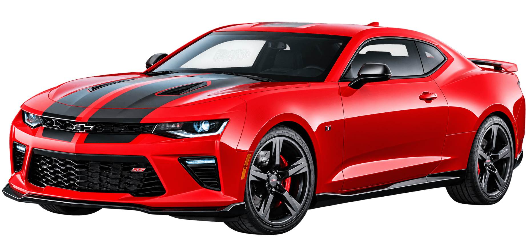 Red sports coupe with black racing stripes